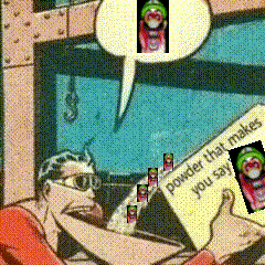 a cartoon of a man reading a book that says powder that makes you say you say