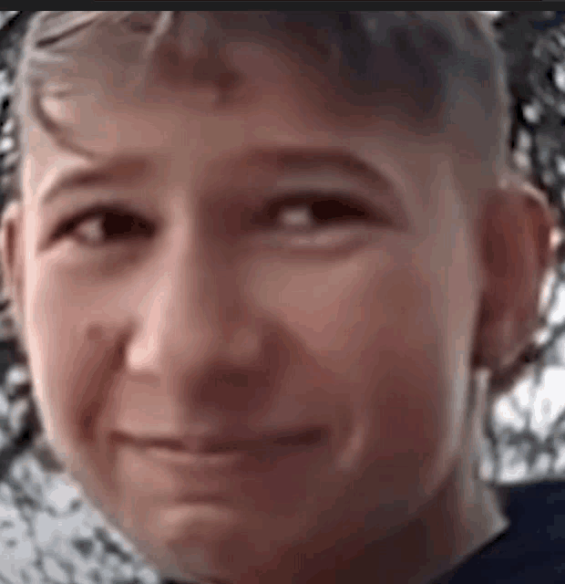 a close up of a young boy 's face with a slight smile on his face .