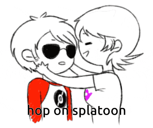 a drawing of a boy and a girl with the words hop on splatoon written below them