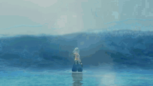 a person in a yellow shirt is standing in the water looking at a large wave