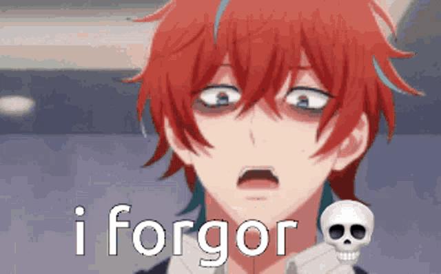 a boy with red hair is holding a skull and says i forgor .