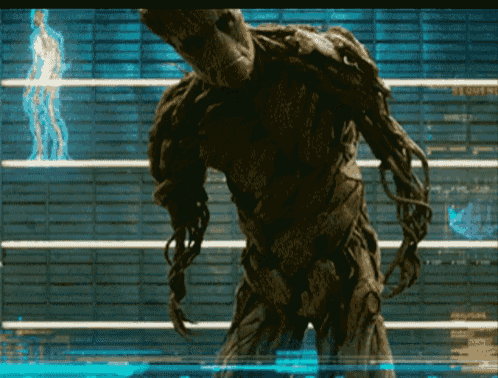 a cartoon character with a tree trunk standing in front of a wall