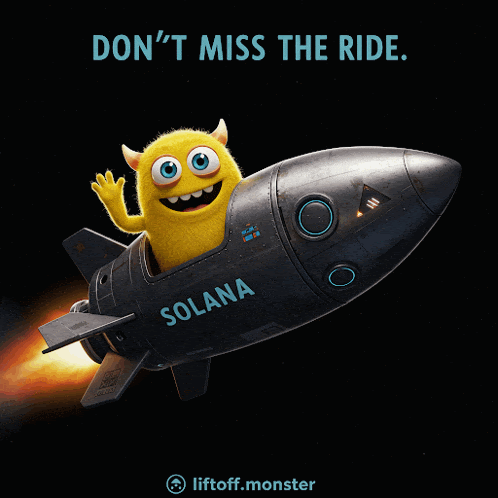 a yellow monster is riding a black rocket with solana written on the side
