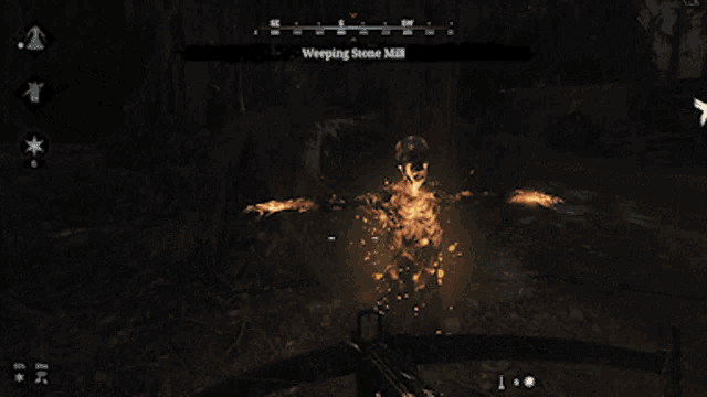 a video game screen shows a skeleton with the words weeping stone mill on the top