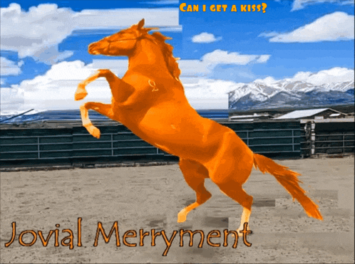 an orange horse standing on its hind legs with the words jovial merryment written below it