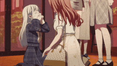 a girl with long white hair is kneeling down with her hand on her face