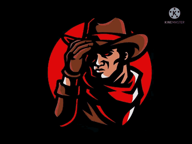 a man in a cowboy hat is holding a gun in front of a shield with the word kinemaster on the bottom