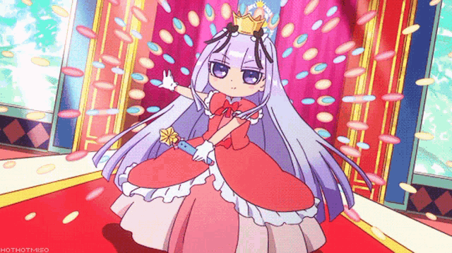 a girl in a red dress with a crown on her head holds a wand
