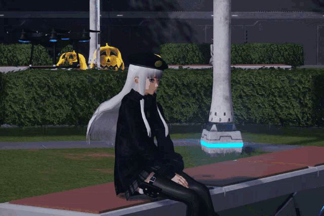 a woman with white hair is sitting on a chair in a futuristic room
