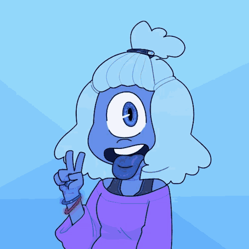 a cartoon drawing of a girl with blue hair and one eye
