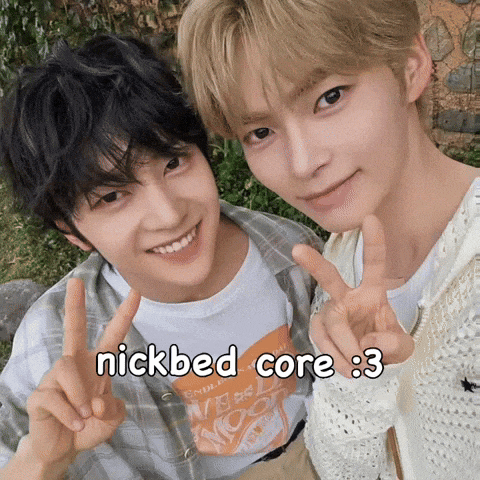 two young men are posing for a picture and the caption says nickbed core