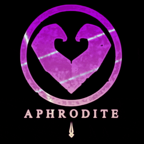 a purple heart in a circle with the word aphrodite under it