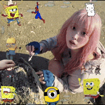a girl with pink hair is surrounded by cartoon characters including spongebob