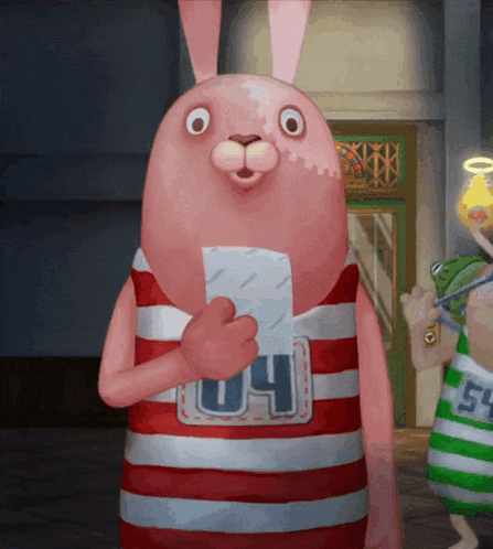 a pink cartoon rabbit with the number 04 on his shirt