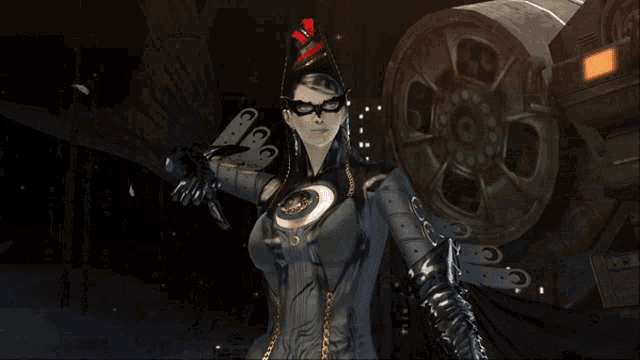 a woman in a video game is wearing a hat with a red stripe