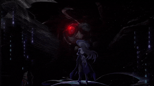 a girl stands in front of a giant robot with a red eye in the dark