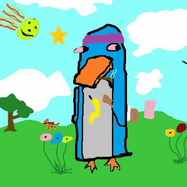 a cartoon drawing of a penguin eating a banana