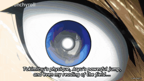 a close up of a person 's eye with the words " tokimitsu 's physique " written below it