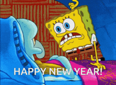 a cartoon of spongebob and squidward wishing happy new year
