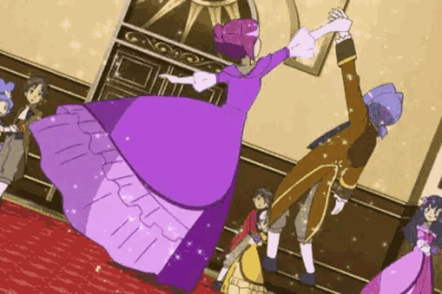 a group of cartoon characters are dancing in a ballroom .