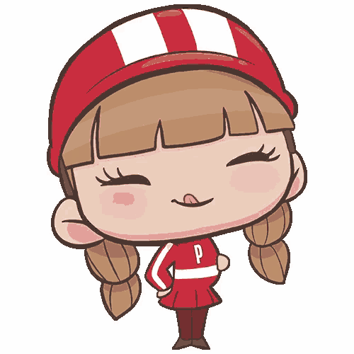 a cartoon girl wearing a red and white hat with the letter p on her shirt
