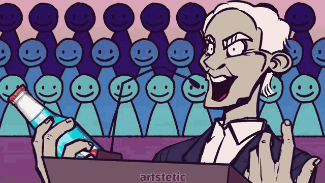 a cartoon of a man holding a bottle of soda with a crowd of people behind him with smiley faces