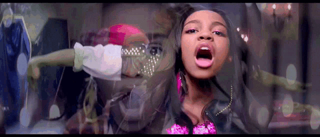 a girl with her mouth open and a reflection of another girl