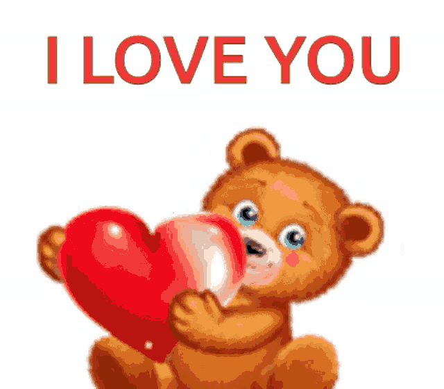 a teddy bear is holding a red heart and the words i love you are above it