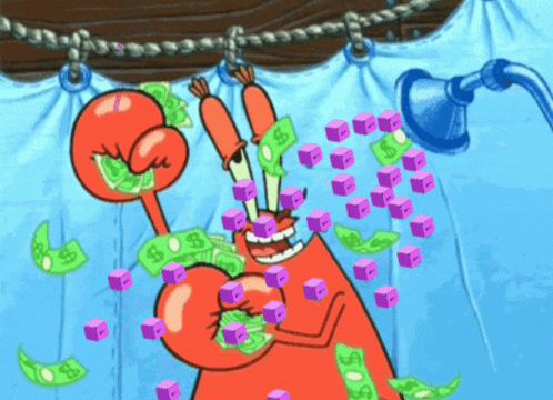a cartoon of a crab with money in his mouth