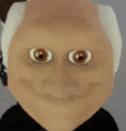 a close up of a cartoon character 's face with brown eyes