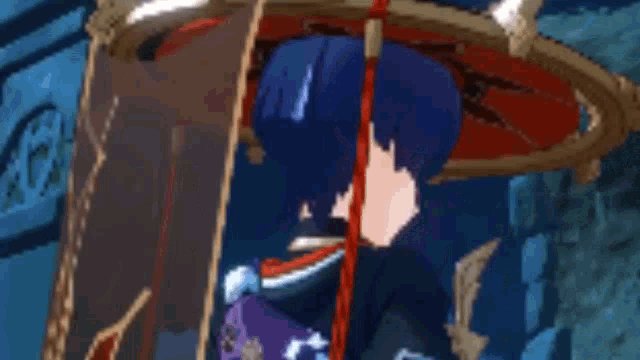 a cartoon character with blue hair and a sword