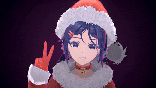 a girl with blue hair wearing a santa hat and giving a peace sign