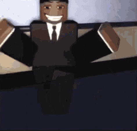 a cartoon character in a suit and tie is smiling and holding his arms out .