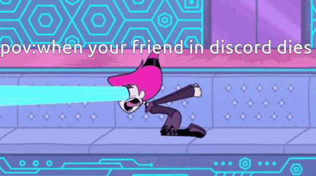 a cartoon character says " pov when your friend in discord dies " at the top of the screen