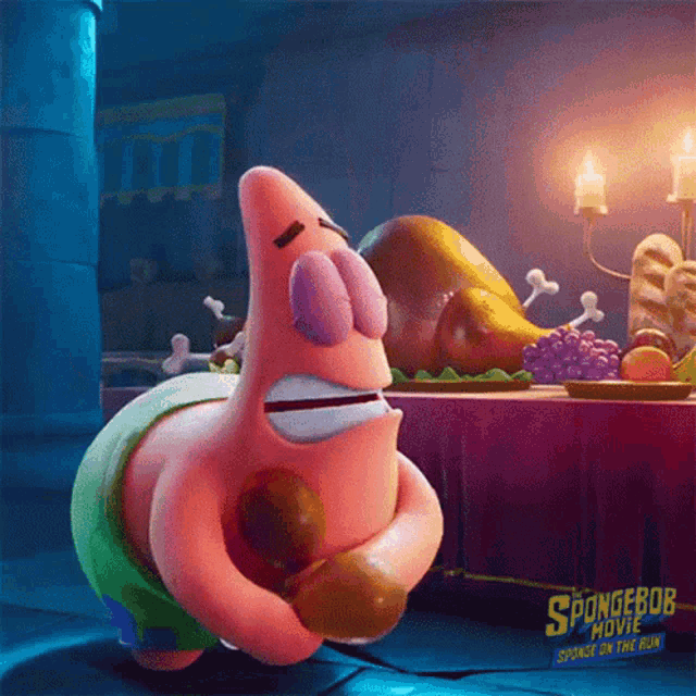 patrick star from the spongebob movie is holding a dumbbell