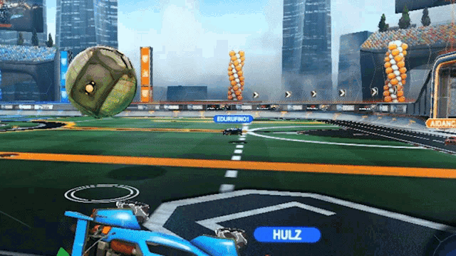 a rocket league game is being played and a player named hulz is on the field