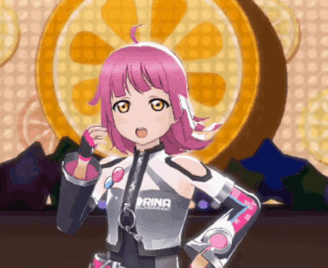a pink haired anime girl with the word rina on her chest