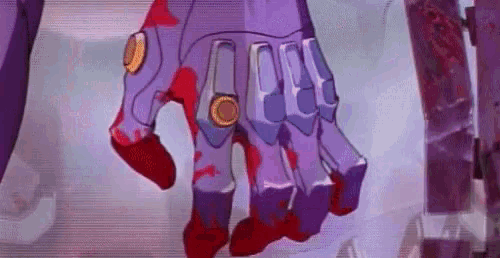a close up of a person 's hand with blood on it in a cartoon .