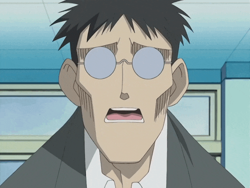 a cartoon character with glasses and a surprised expression
