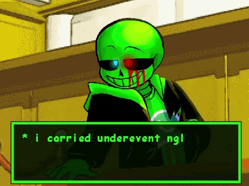 a pixel art drawing of a green skeleton with blood coming out of his eyes and the words `` i carried underevent ngl ''