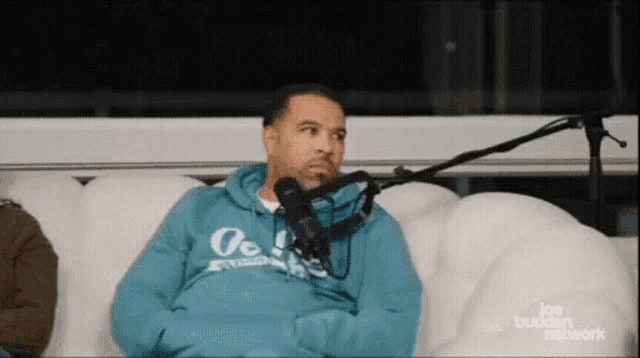 a man in a blue hoodie is sitting on a couch with a microphone .