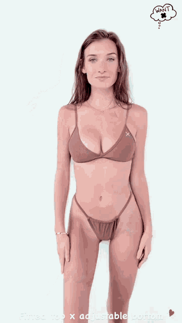a woman in a bikini with the words " adjustable bottom " on it