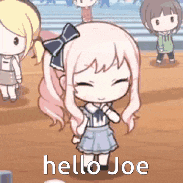 a cartoon girl with a bow on her head is standing in front of a group of people and says hello joe .