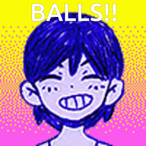 a drawing of a boy with blue hair and the words balls written on it