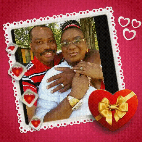 a man and woman are posing for a picture in a frame with hearts around them