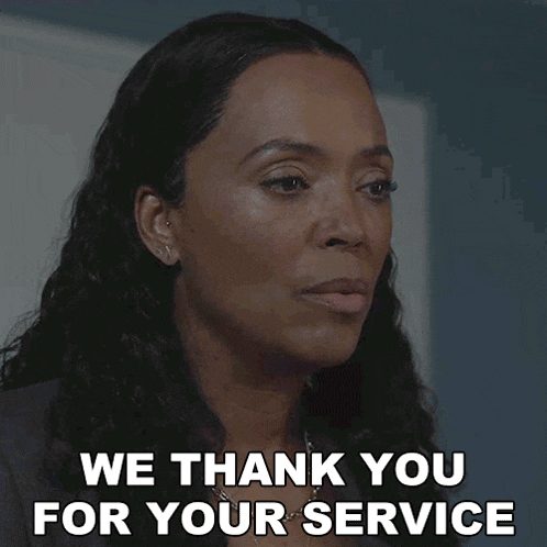 a woman says " we thank you for your service " with her eyes closed
