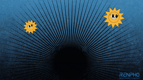 two cartoon suns are smiling on a blue background with renpho written on the bottom