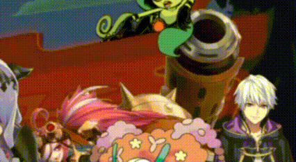 a group of anime characters are standing next to each other in a room .
