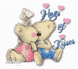 a couple of teddy bears kissing with the words hugs and kisses