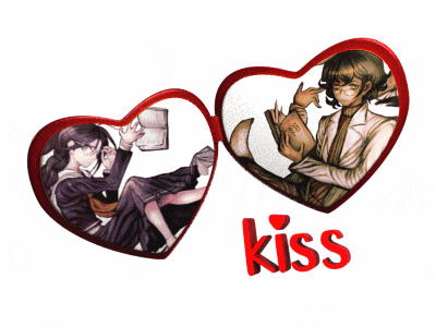 a couple of hearts with the word kiss on them